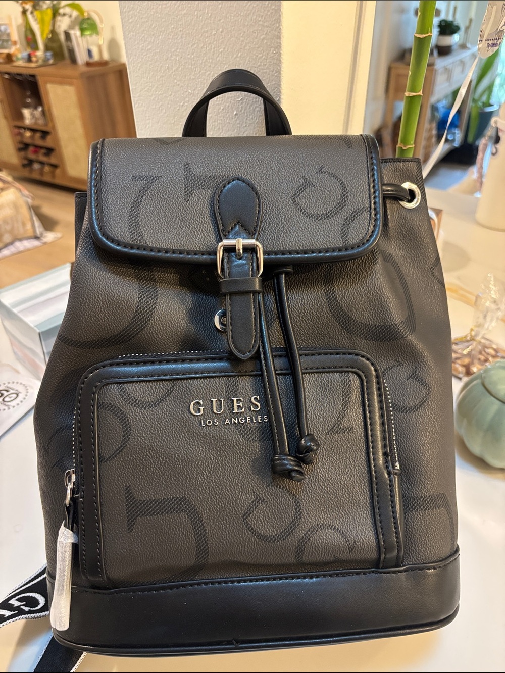 Guess Black Logo Drawstring Mini Backpack